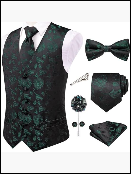 Formal Floral Vest & Tie Set Wedding Prom Accessory 7 Pieces
